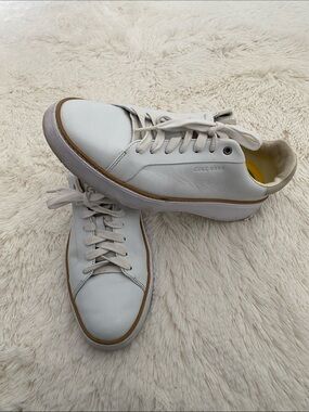 Cole Haan White Leather Sneakers with Yellow Insoles and Tan Trim